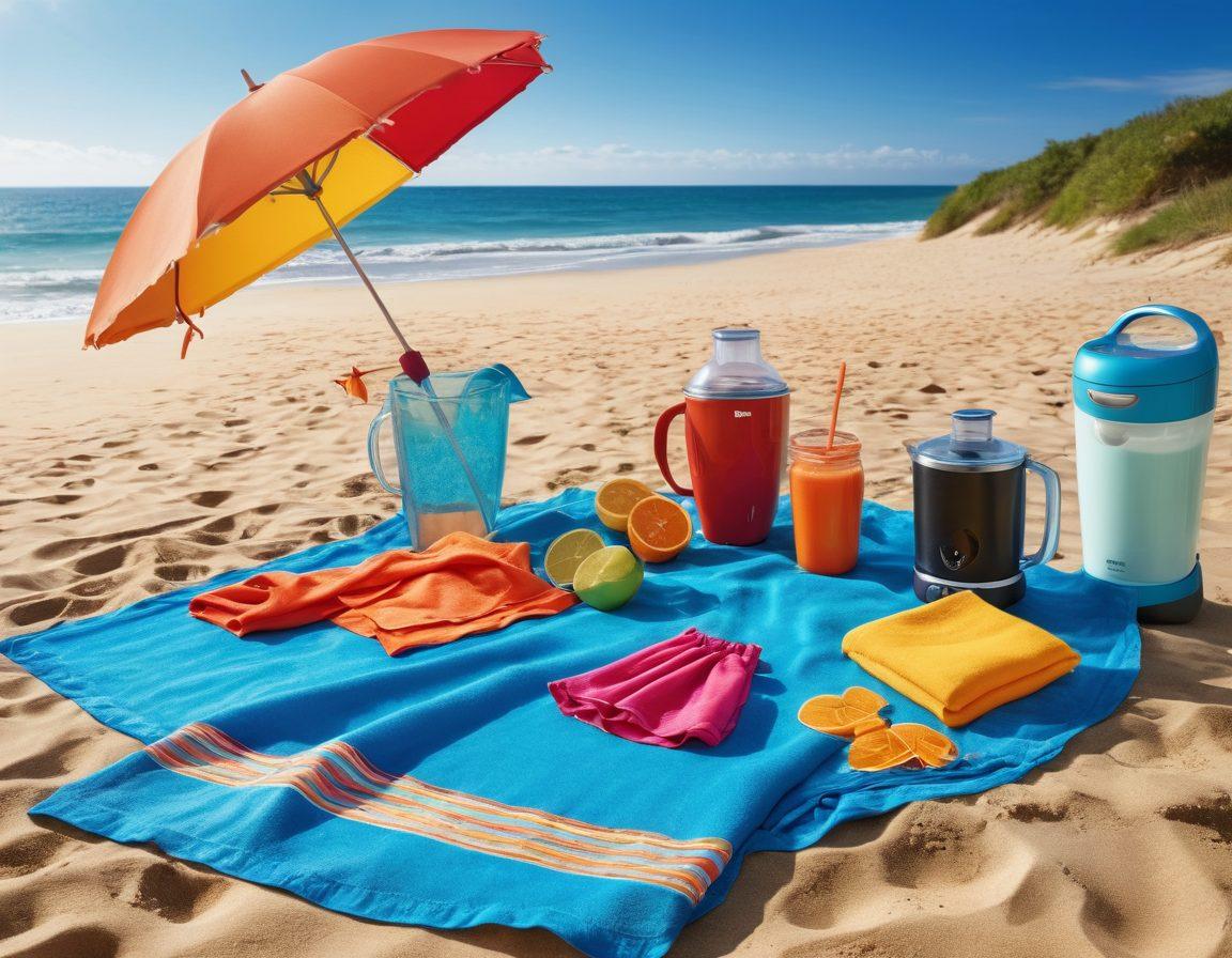 A vibrant beach scene featuring stylish bikinis on mannequins, surrounded by essential home appliances like a portable blender and a beach umbrella. Sunlight sparkles on the ocean waves, enhancing the summer vibe. Colorful beach towels are scattered across the sand. The overall atmosphere is lively and inviting, evoking a perfect beach day. super-realistic. vibrant colors. bright blue sky.